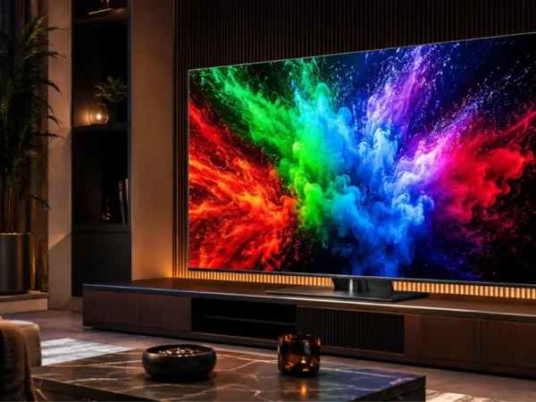 Smart TV Hisense RGB MiniLED com imagem colorida destacando a tecnologia de cores e taxa de atualização de até 180 Hz