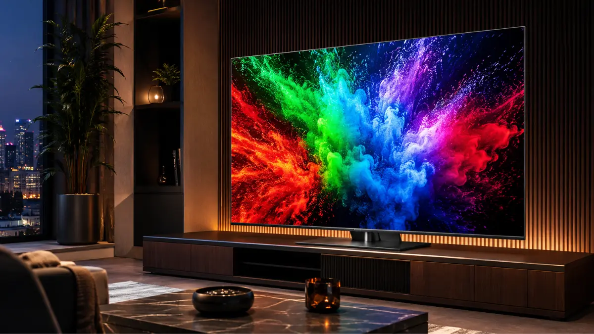 Smart TV Hisense RGB MiniLED com imagem colorida destacando a tecnologia de cores e taxa de atualização de até 180 Hz
