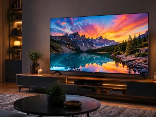 Smart TV exibindo paisagem colorida em sala de estar, ilustrando diferenças entre OLED, Mini-LED, QLED e Crystal UHD