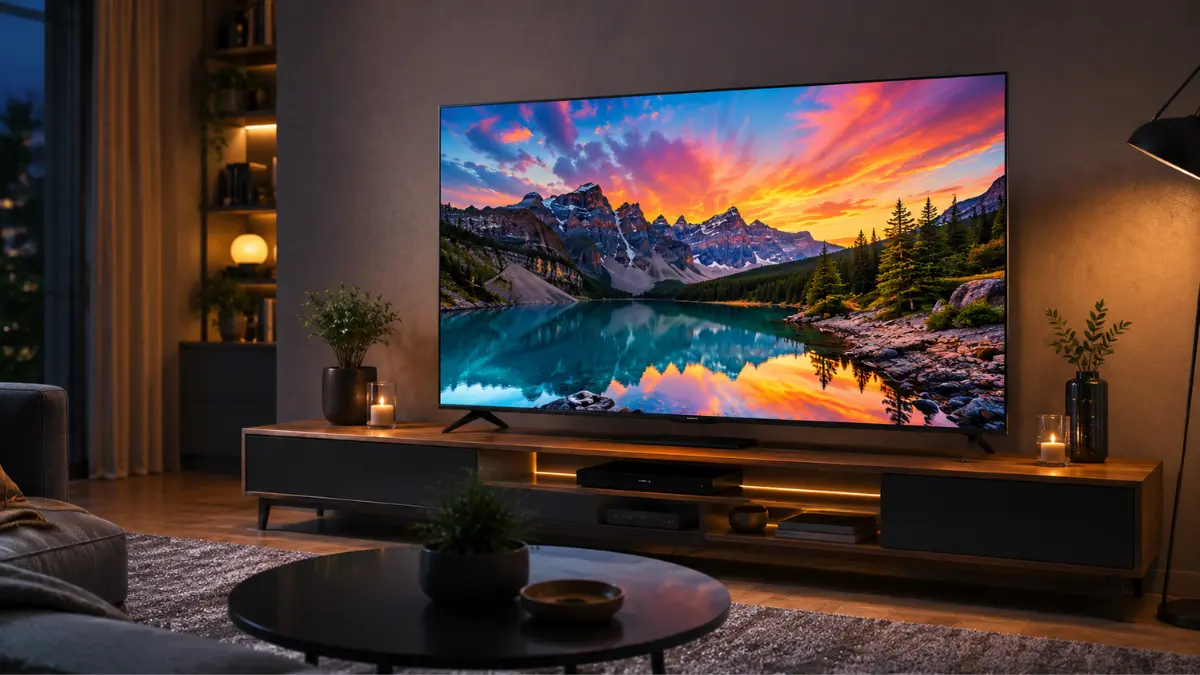 Smart TV exibindo paisagem colorida em sala de estar, ilustrando diferenças entre OLED, Mini-LED, QLED e Crystal UHD