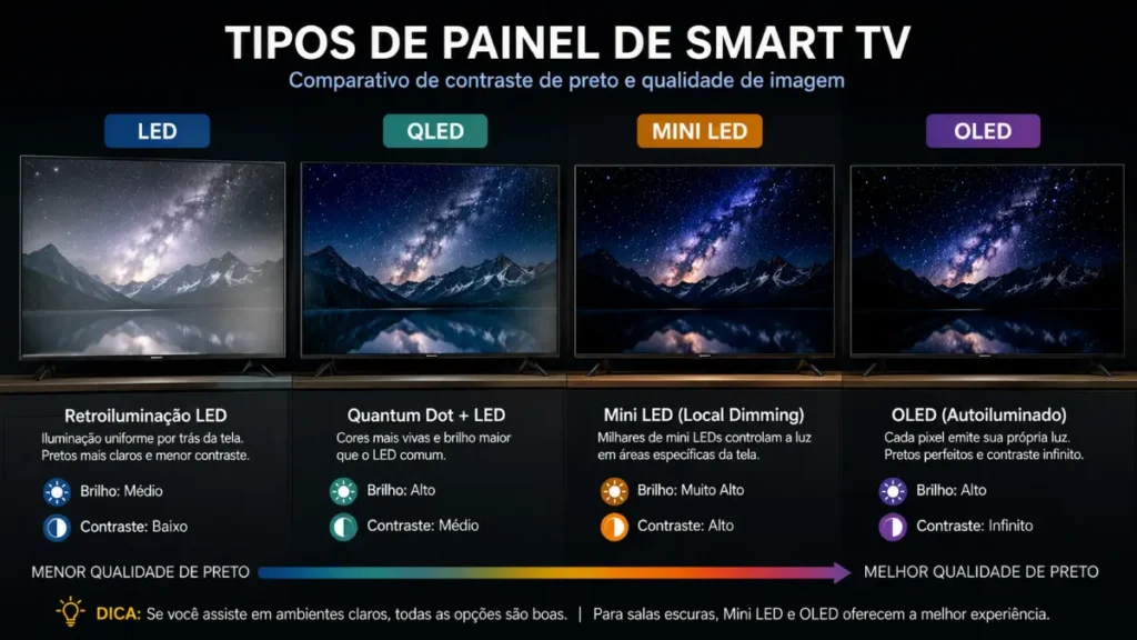 Comparativo entre painéis QLED, Mini LED e OLED em Smart TV