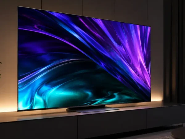 Smart TV OLED moderna exibindo imagem colorida em uma sala de estar