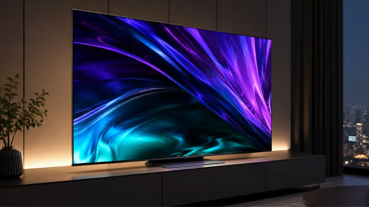 Smart TV OLED moderna exibindo imagem colorida em uma sala de estar