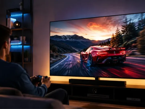 Pessoa jogando videogame em uma Smart TV 4K de 120Hz em uma sala moderna, destacando imagem fluida para jogos e filmes.