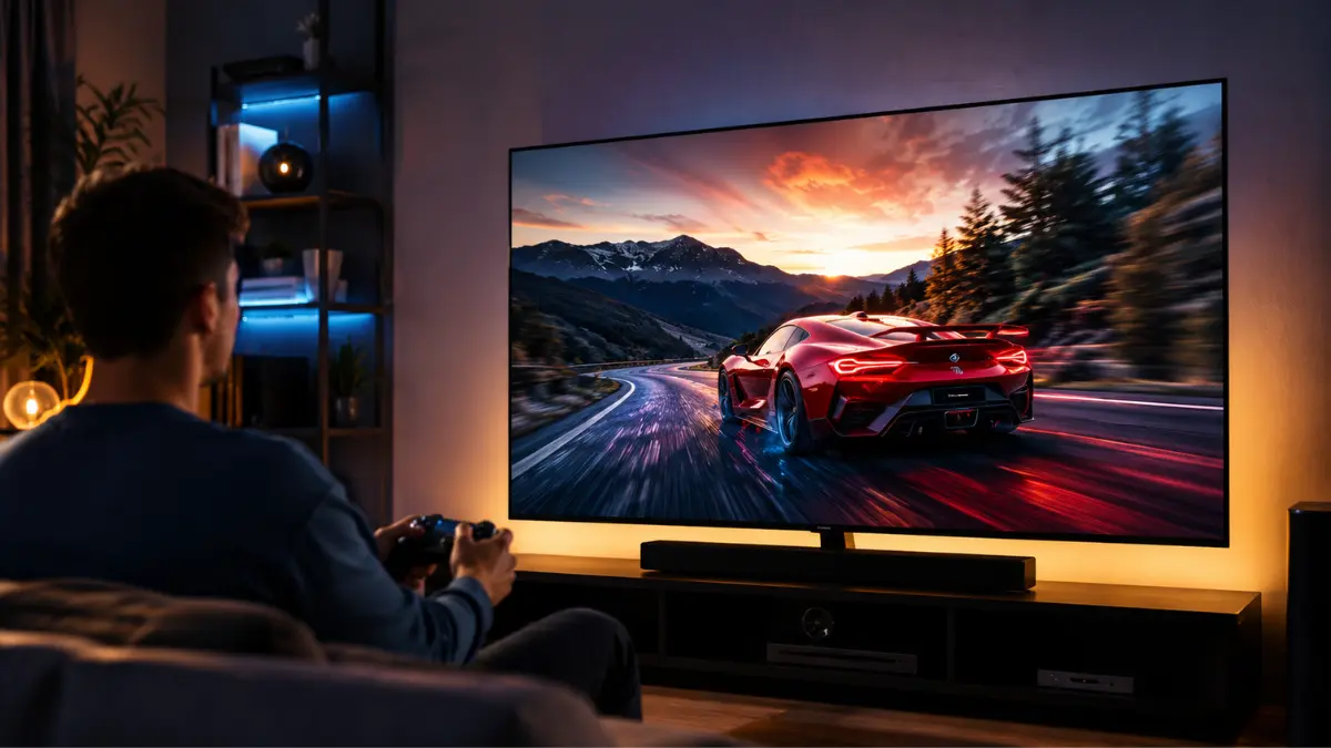 Pessoa jogando videogame em uma Smart TV 4K de 120Hz em uma sala moderna, destacando imagem fluida para jogos e filmes.