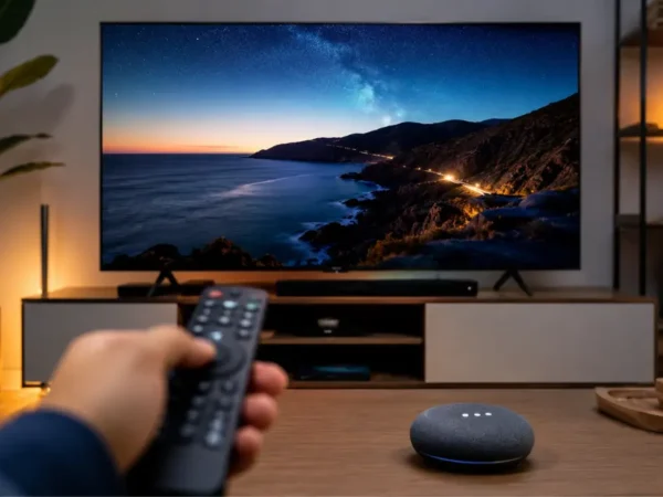 Sala de estar com Smart TV moderna e controle remoto, representando a comparação entre Alexa e Google Assistente.