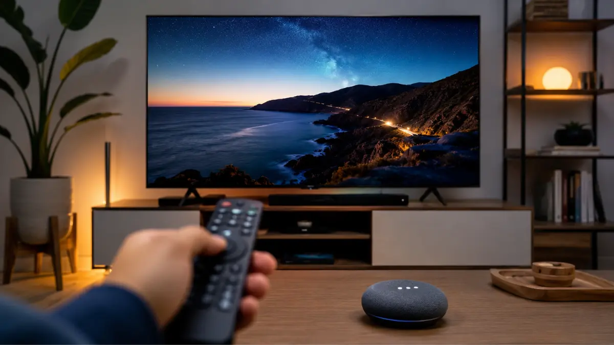 Sala de estar com Smart TV moderna e controle remoto, representando a comparação entre Alexa e Google Assistente.