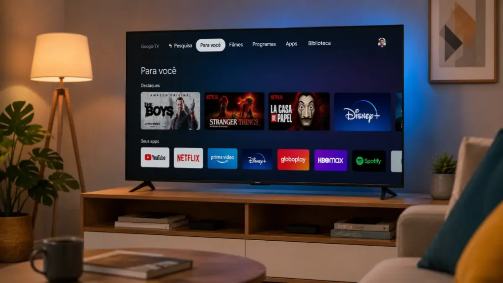 Smart TV com Google TV e Chromecast integrado em uma sala de estar moderna.