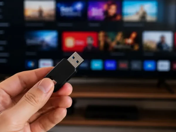 Pendrive sendo conectado a uma Smart TV para ilustrar soluções quando a Smart TV não reconhece o dispositivo USB.