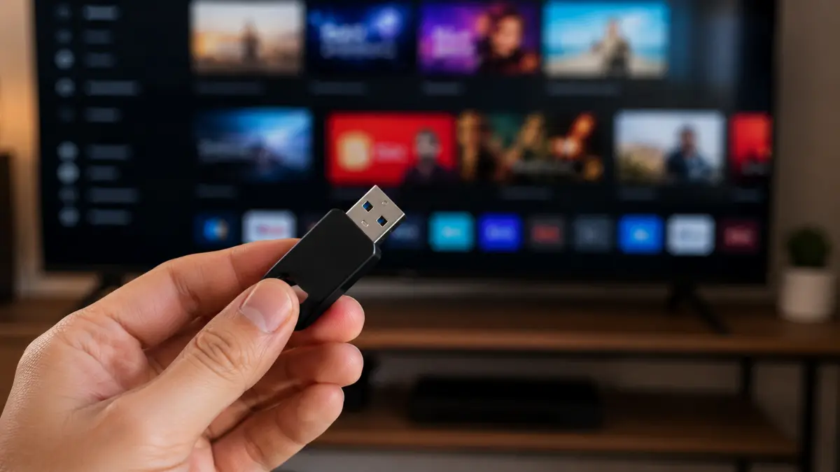 Pendrive sendo conectado a uma Smart TV para ilustrar soluções quando a Smart TV não reconhece o dispositivo USB.