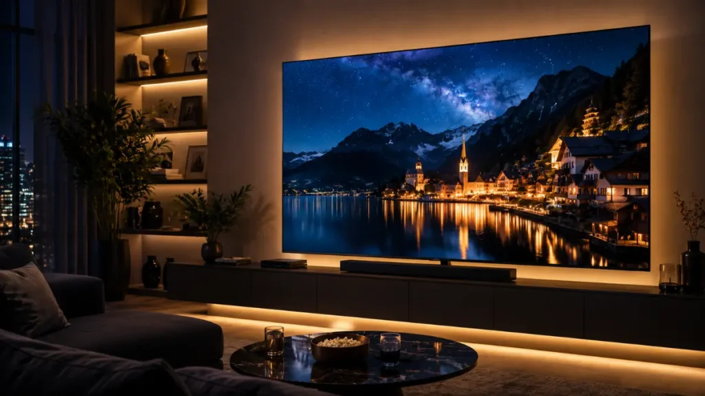 Smart TV 4K com painel OLED exibindo filme com alto contraste e cores vibrantes em uma sala moderna.