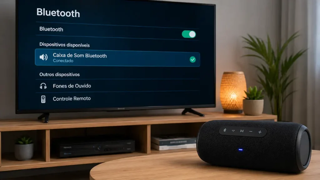 Processo de pareamento entre uma Smart TV e uma caixa de som Bluetooth para reprodução de áudio.