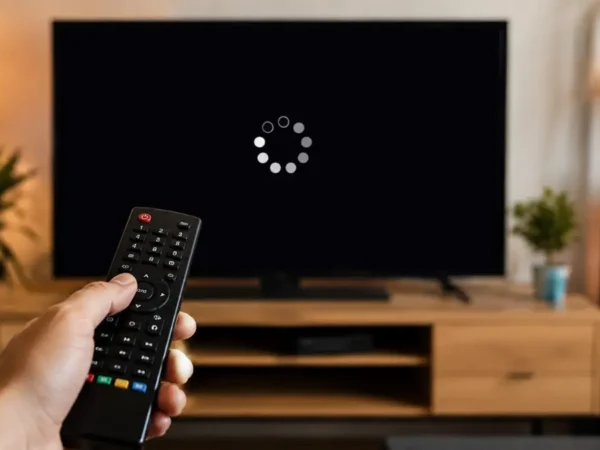 Smart TV travando no YouTube com tela de carregamento e controle remoto em primeiro plano.