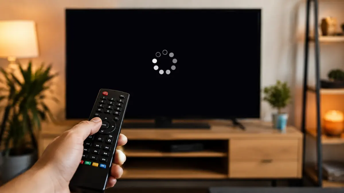 Smart TV travando no YouTube com tela de carregamento e controle remoto em primeiro plano.