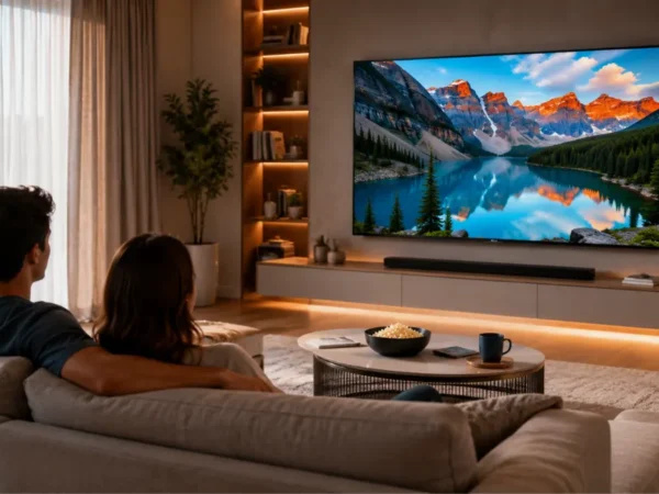 Sala de estar moderna com sofá e Smart TV de tela grande instalada na parede, ilustrando a escolha do tamanho ideal para o ambiente.