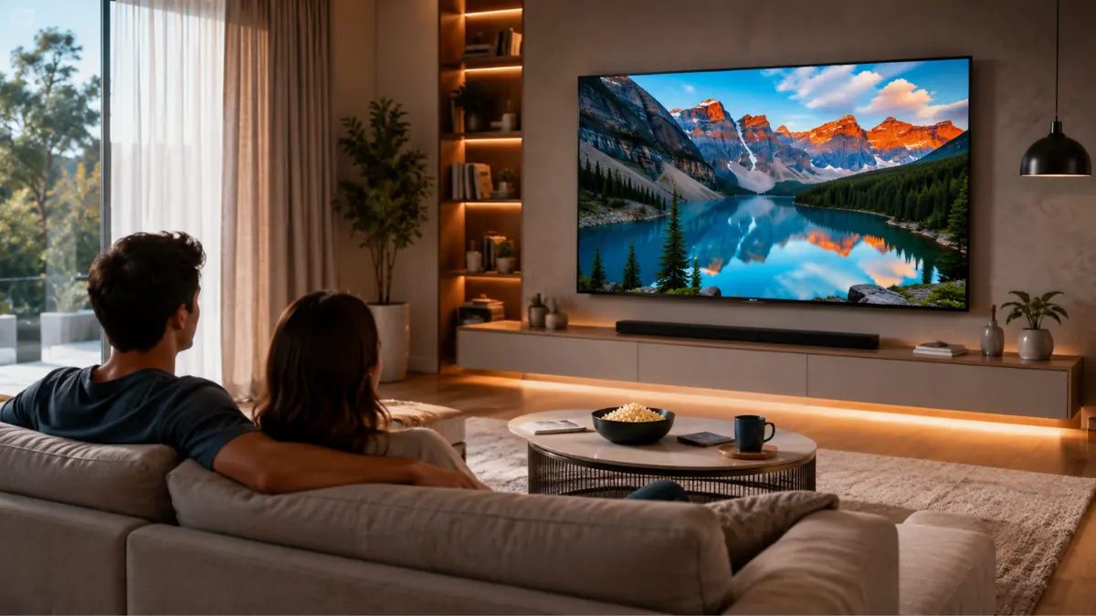 Sala de estar moderna com sofá e Smart TV de tela grande instalada na parede, ilustrando a escolha do tamanho ideal para o ambiente.