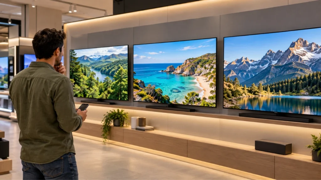 Consumidor com celular na mão comparando Smart TVs que exibem paisagens em uma loja de eletrônicos.