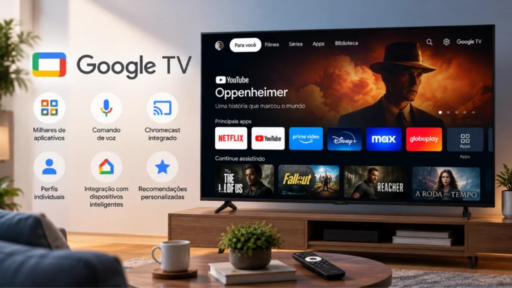 Google TV em Smart TV com aplicativos, Chromecast, comando de voz e recomendações personalizadas