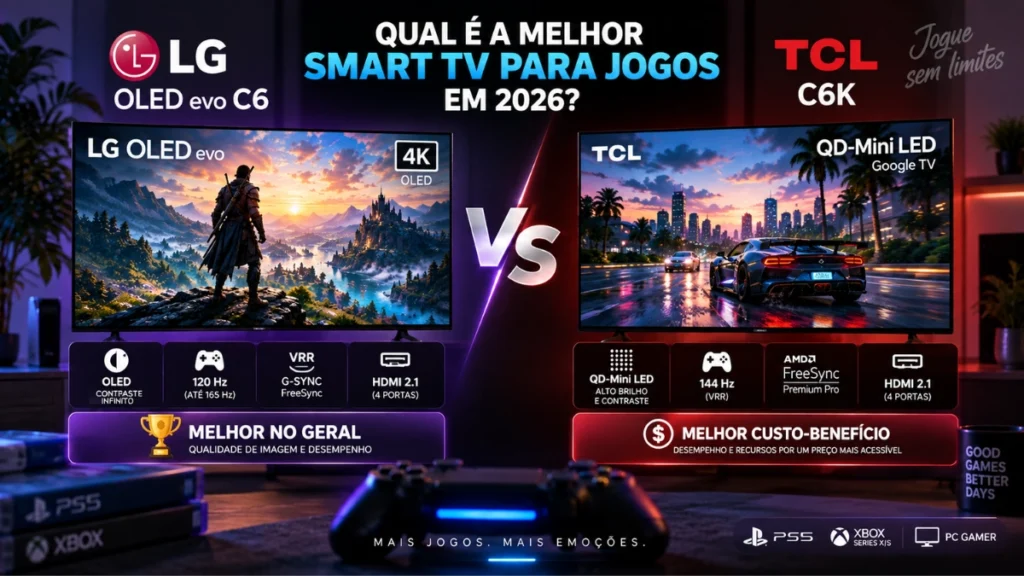 Comparativo LG OLED evo C6 vs TCL C6K para jogos em 2026