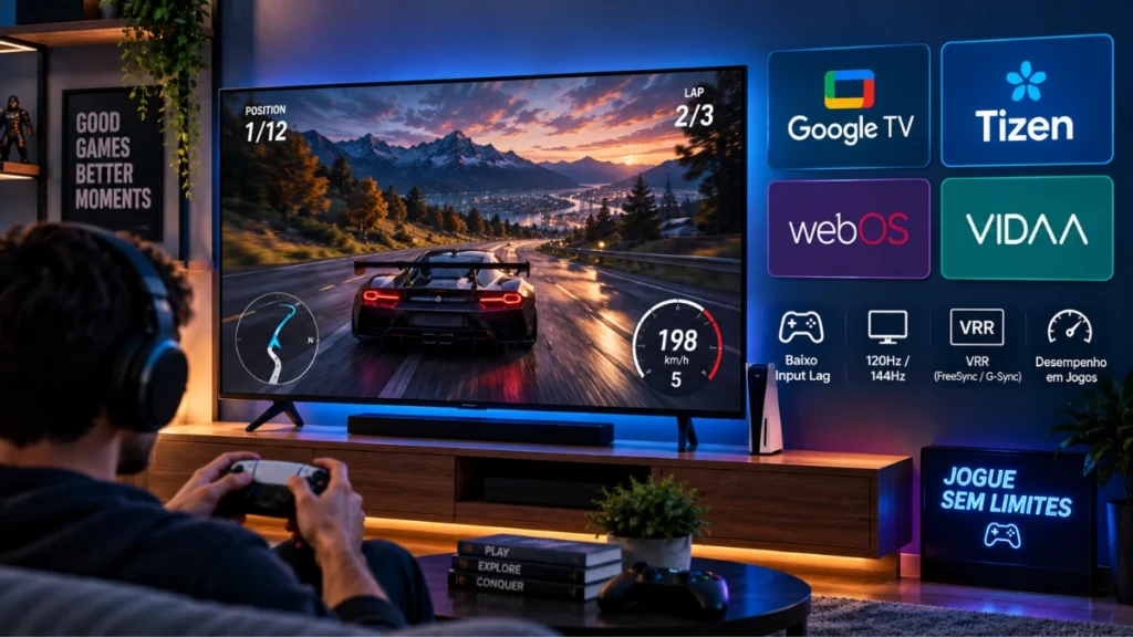 Google TV, Tizen, webOS e VIDAA para jogos em Smart TV com 120 Hz, 144 Hz, VRR e baixo input lag