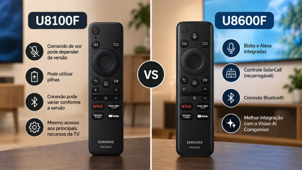 Comparação dos controles remotos da Samsung U8100F e U8600F, destacando diferenças de comando de voz, Bluetooth e SolarCell.