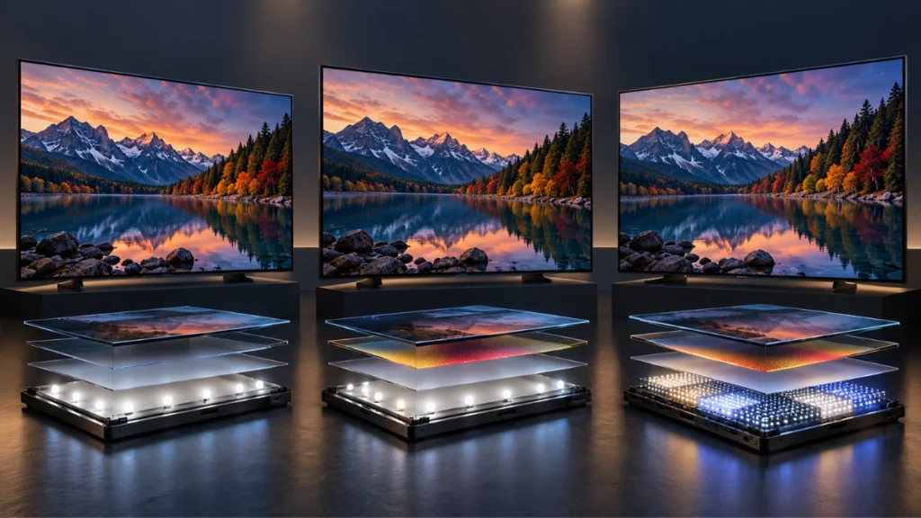 Ilustração de três Smart TVs com camadas de tela e iluminação LED, QLED e Mini LED.