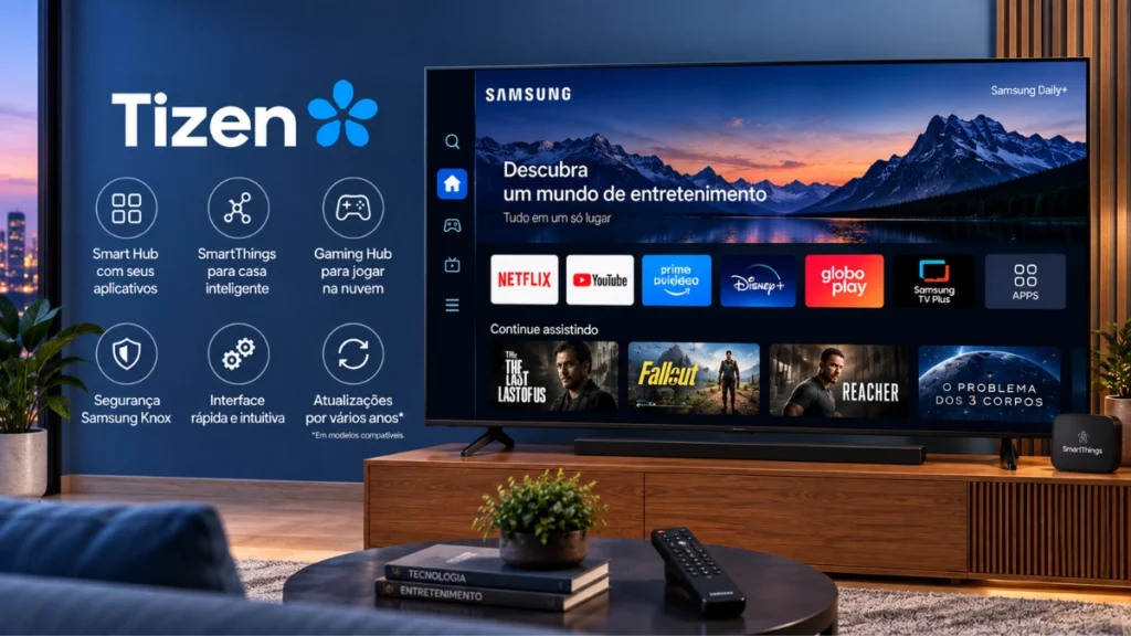Tizen em Smart TV Samsung com Smart Hub, SmartThings, Gaming Hub e aplicativos de streaming