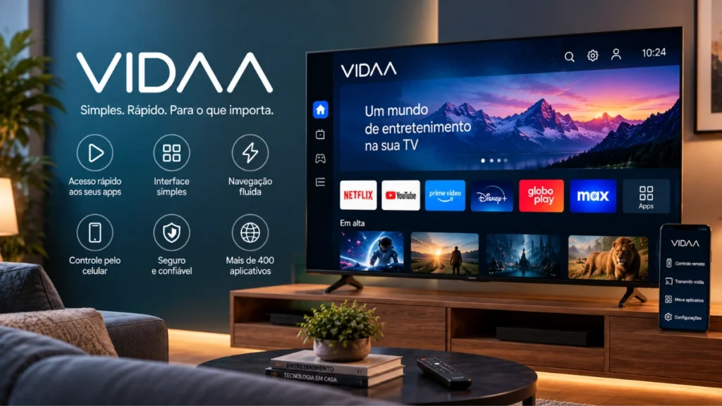 VIDAA em Smart TV com interface simples, acesso rápido a aplicativos, controle pelo celular e serviços de streaming