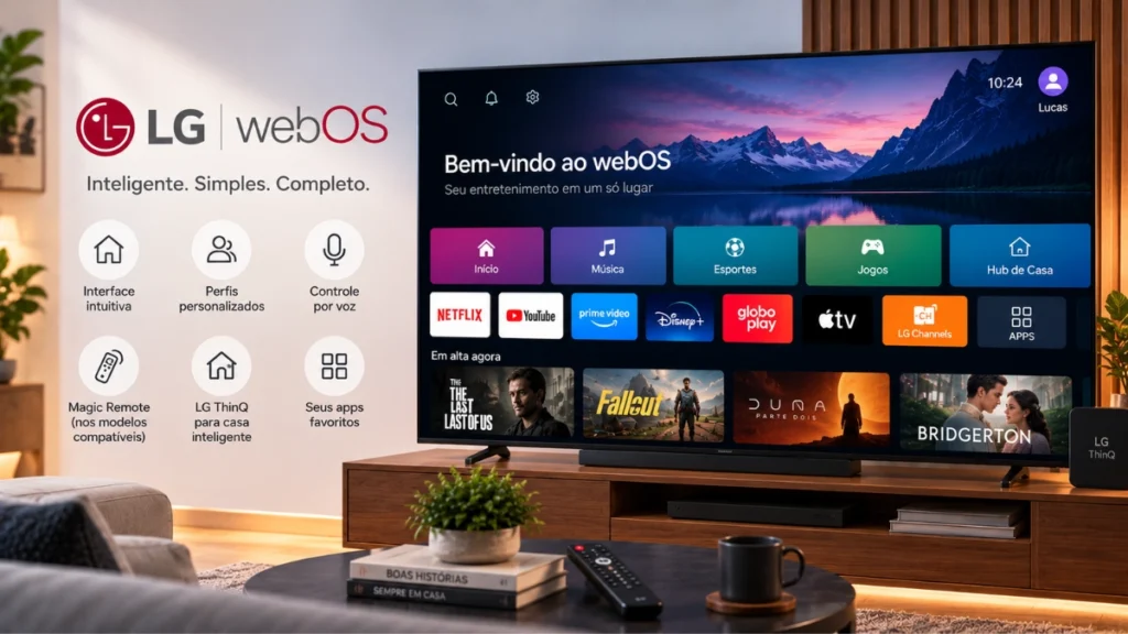 webOS em Smart TV LG com interface intuitiva, perfis personalizados, Magic Remote e aplicativos de streaming