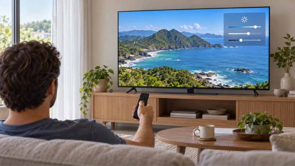 Pessoa usando o controle remoto para ajustar o brilho da Smart TV em uma sala iluminada pela luz natural.