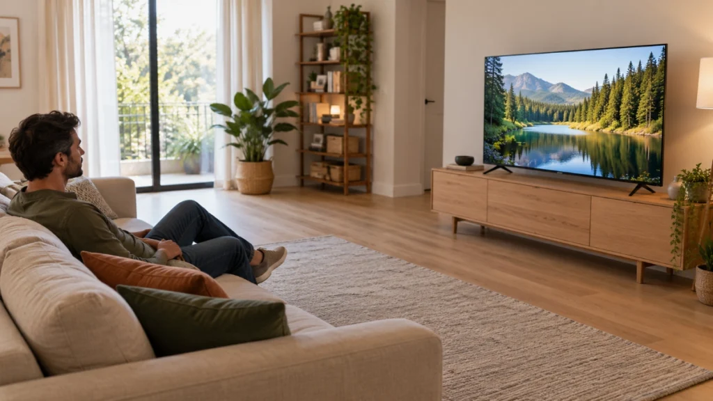 Pessoa sentada no sofá assistindo à TV, com espaço entre o assento e a tela em uma sala de estar.