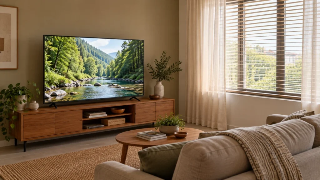 TV posicionada em parede perpendicular à janela, com cortina e persiana filtrando a luz natural da sala.