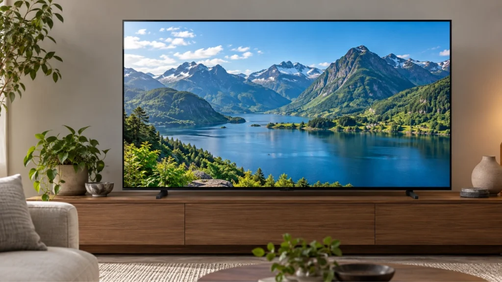 Imagem ilustrativa de uma TV de 55 polegadas em uma sala, exibindo uma paisagem com montanhas e lago.