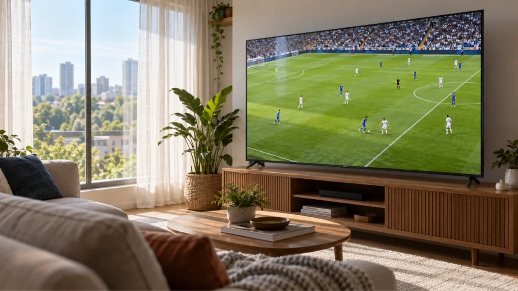 Smart TV exibindo uma partida de futebol em sala iluminada por luz natural.