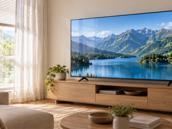 Smart TV exibindo uma paisagem em sala clara, com janela lateral, cortina e persiana filtrando a luz natural.