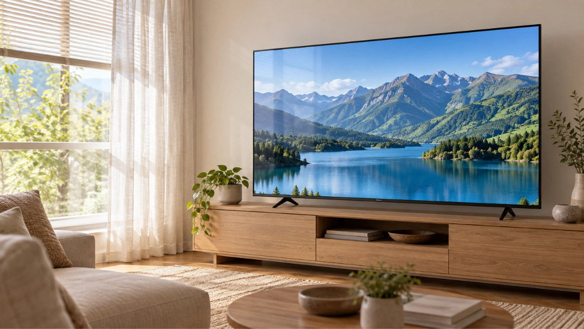 Smart TV exibindo uma paisagem em sala clara, com janela lateral, cortina e persiana filtrando a luz natural.