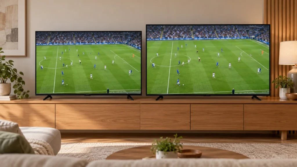 Duas Smart TVs de tamanhos diferentes lado a lado exibindo uma partida de futebol.