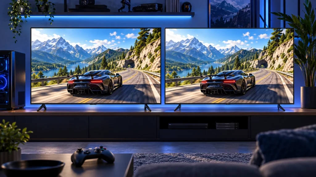TCL C6K e Samsung QN70H de 55 polegadas lado a lado exibindo um jogo de corrida em ambiente gamer.