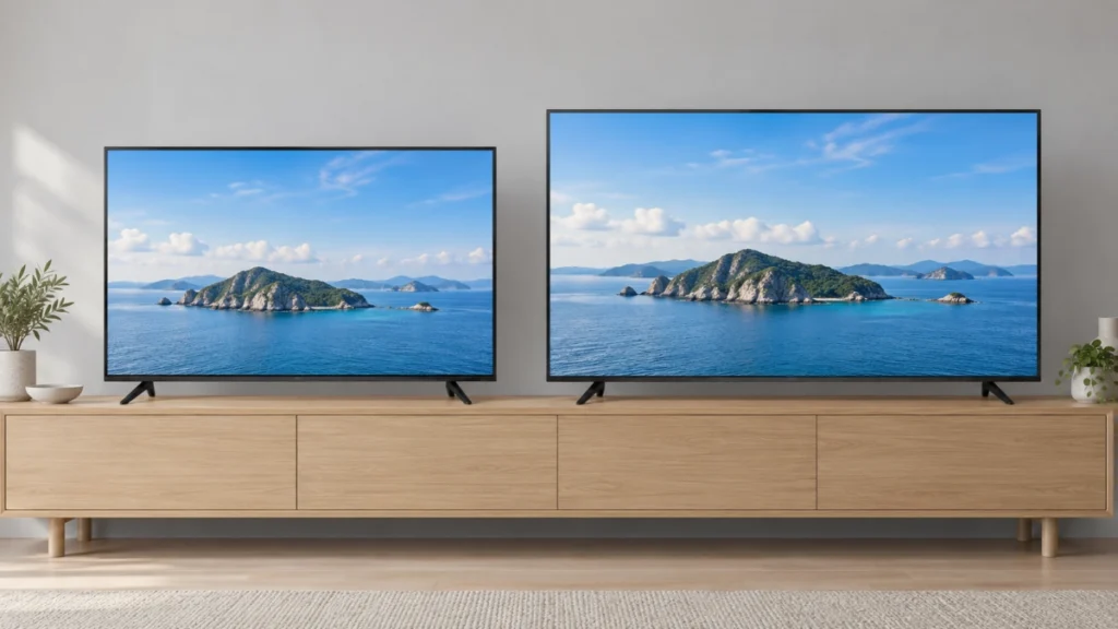 Duas TVs de tamanhos diferentes lado a lado sobre um rack, ilustrando a comparação entre 55 e 65 polegadas.